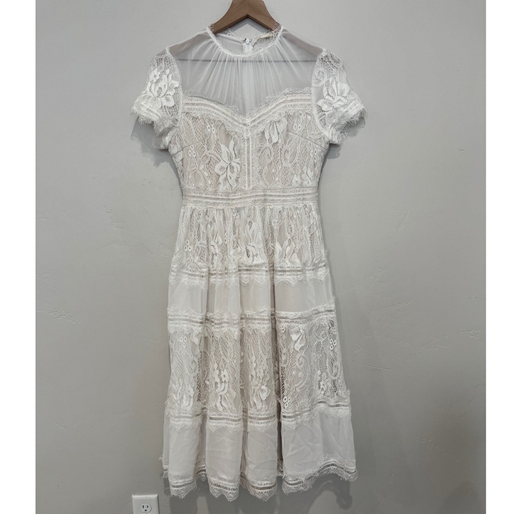 Bohme White Lace Mesh Sheer Yoke Tiered Eyelash Midi Dress Bridal Wedding LWD M